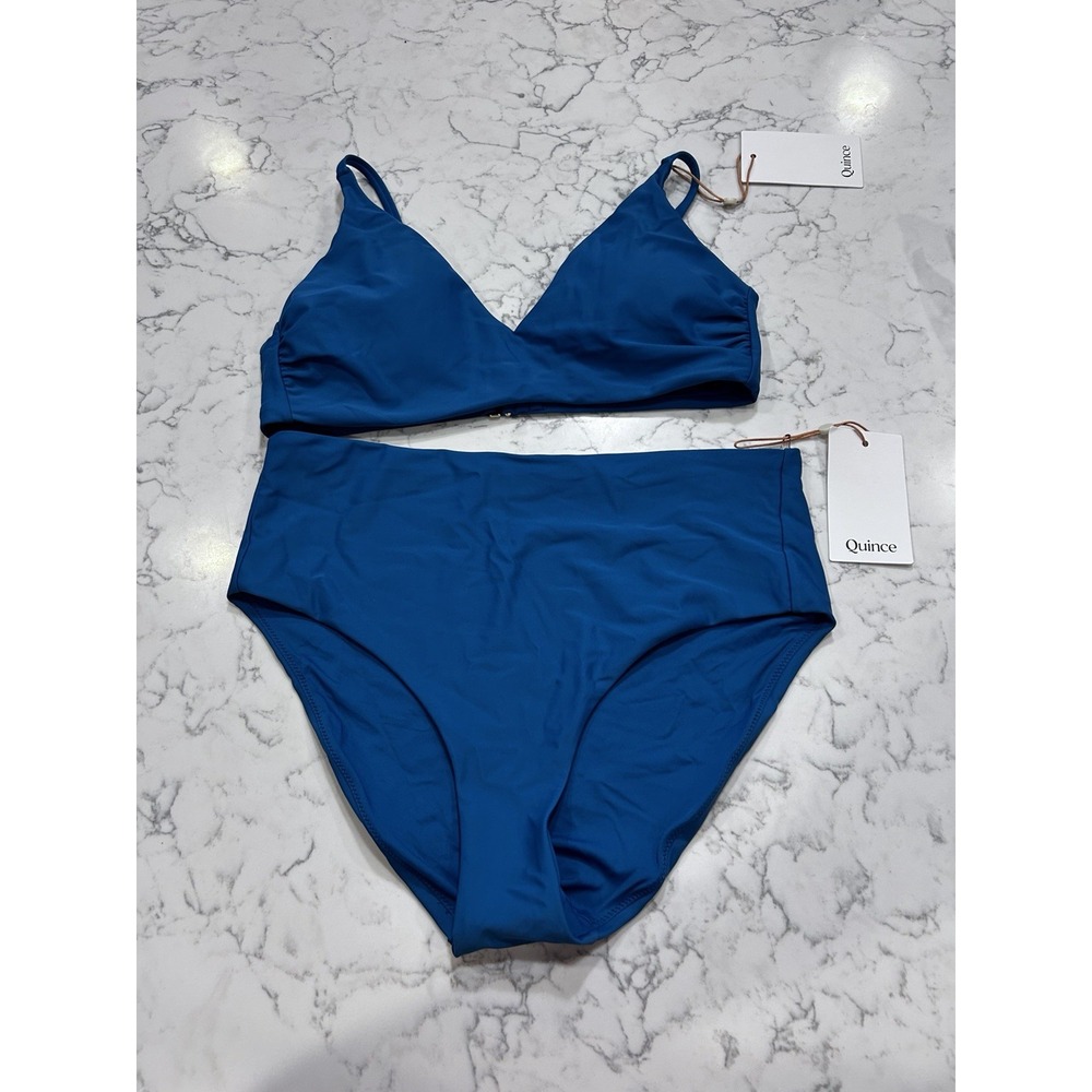 NWT Quince Teal Lagoon Blue Italian V Neck Bikini Top & High Rise Bottom Set Med